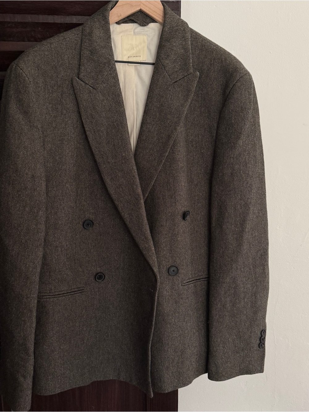 Zara Men’s Double-Breasted Wool Blazer in Brown